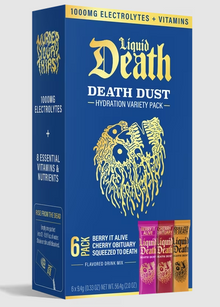 (S5-01) US - Drink Mix - Liquid Death Electrolytes - Dust Berry Variety Pack (6 pack) 2oz (56.4g) x 1 Box ( 2x Berry It Alive, 2x Cherry Obituary, and 2x Squeezed to Death)