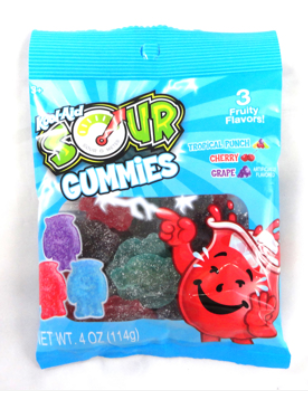 4 units x Bundle -  Kool-Aid SOUR Sanded Gummies -  3 Fruity Flavors Peg bag 4oz (113g)