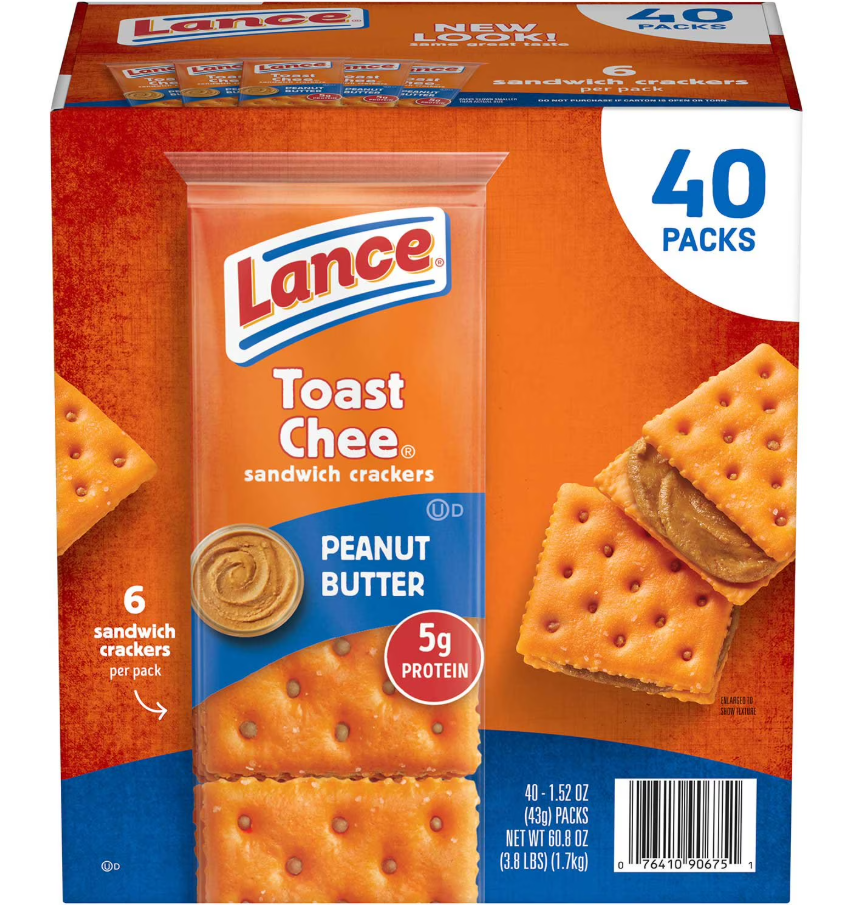 (S7-02) Crackers - Lance ToastChee Peanut Butter Crackers (40 Pack) 60.8oz (1.7Kg) x 1 Box (6 Sandwich Crackers per pack)