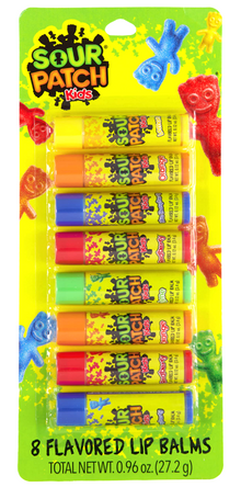 (S1-02) Us - Lip Smacker - Sour Patch Kids Candy Flavored (Lemon, Orange, Blue Raspberry, Redberry, Lime) 8 Lip Balm x 1 Blister