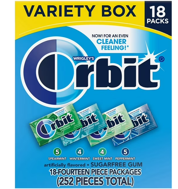 (S1-06) US - Gum - Wrigley - Orbit Sugar Free Variety Box (18 Pack) x 1 Unit (Spearmint x 5 Units,Wintermint x 4 units, Sweet Mint x 4 Units and Peppermint x 5 Units)