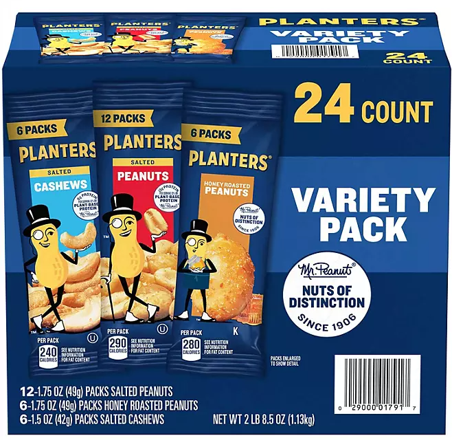 (S6-10) Planters Variety Pack Cashews & Peanuts Variety Pack 1.75oz (49g) x 24 Units (salted peanut x 12 Units, salted cashews x 6 Units and honey roasted peanuts x 6 Units)