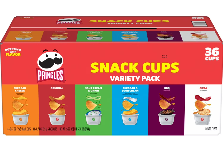(S7-01) Chips - Pringles Snack Cups Variety Box (36 Pack) 26.22oz (744g) x 1 Unit (6 Cups each of Cheddar & Cheese,Original,Sour cream & Onion,Cheddar & Sour Cream,BBQ and Pizza flavor)