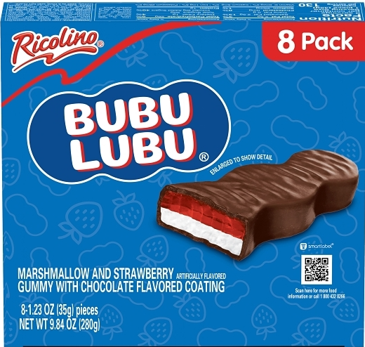 (S2-04) Mexico - Ricolino - Bubulubu, 8pk 1.23oz (35g) x 8 Unit (8 units of Marshmallow and Strawberry Gummy with Chocolate Coating)