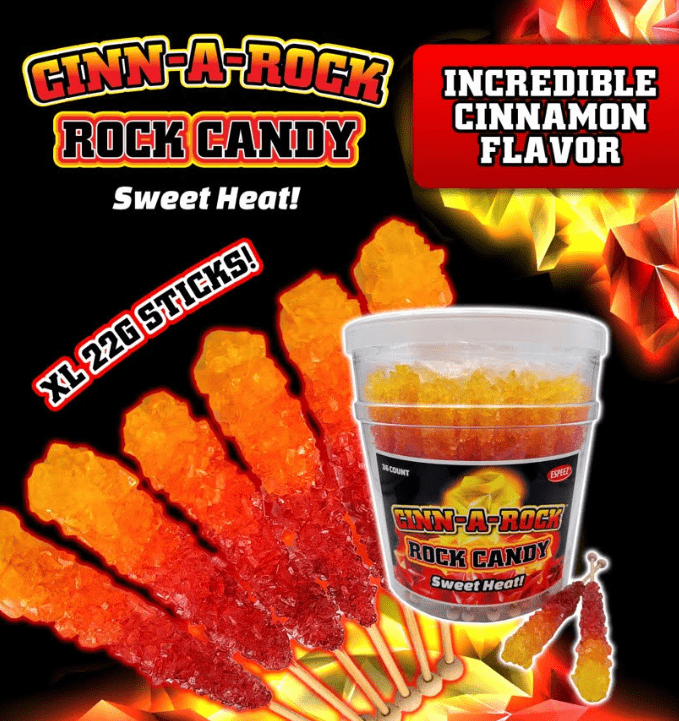 (S1 - 03) Box - CHINA - Espeez - Rock Candy on a Stick - Cinn - A - Rock - Tub 36 Units. - SugarMarket.ca