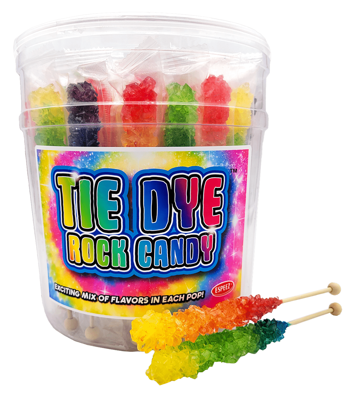 (S1 - 03) Box - CHINA - Espeez - Rock Candy On A Stick Jar (Wrapped) - Tie Dye - 22G X 36 Units (Every Tub may have different assortment of Colour) - SugarMarket.ca