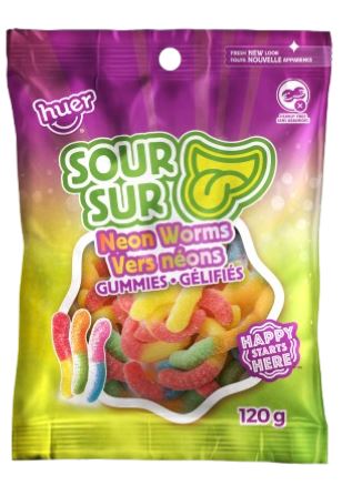 (S1 - 04) Box - Huer - Peg Bag 120g - Sour Neon Worms x 24 units - SugarMarket.ca