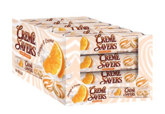 (S1 - 06) Box - GREECE - Creme Savers - Orange & Creme - ROLLs 13pcs x 24 units - SugarMarket.ca