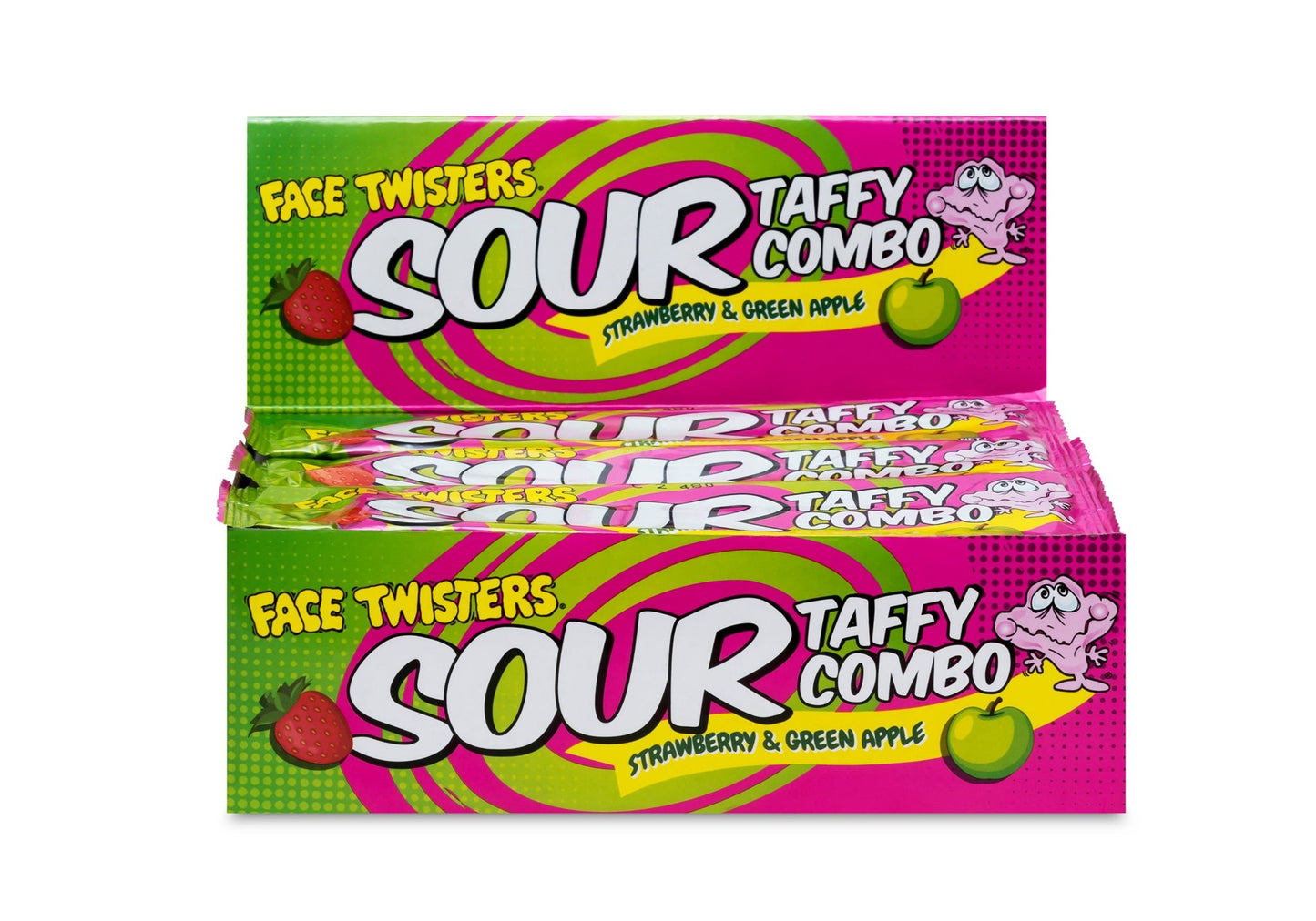 (S1 - 06) Box - PAKISTAN - Face Twisters - Sour Taffy Combo Bar - Strawberry & Green Apple 1.4oz (40g) x 48 units - SugarMarket.ca