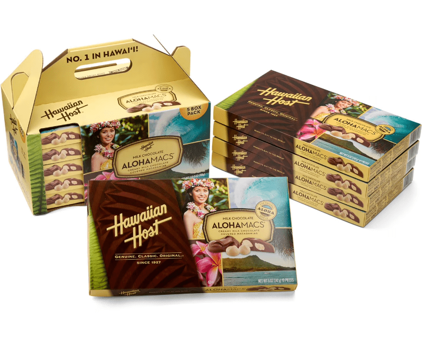 (S2 - 01) Box - Hawaiian Host - Alohamacs Milk Chocolate Covered Macadamia Handy Pack 5oz (141g) x 5 Units - SugarMarket.ca