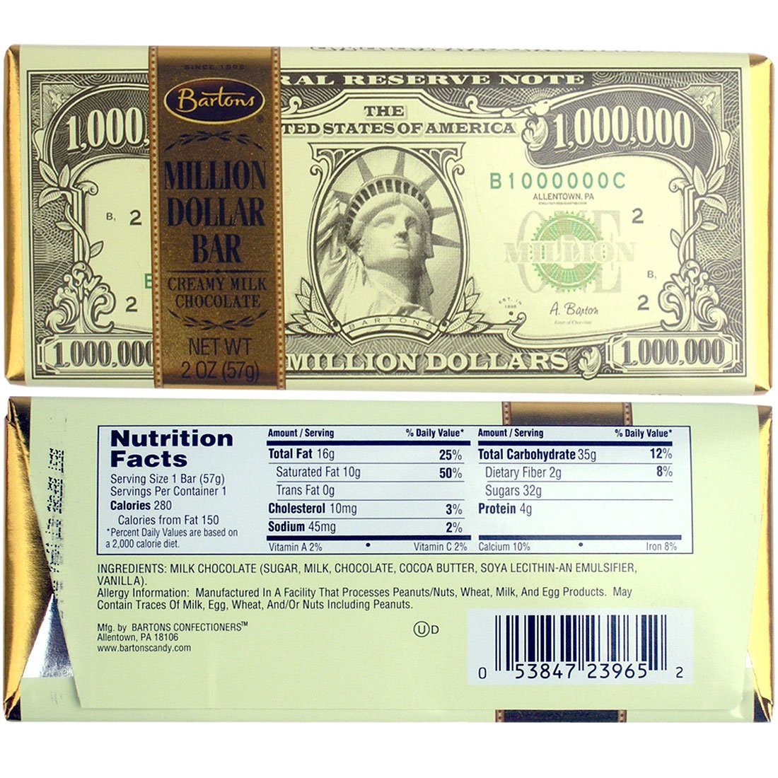 (S2 - 01) Us - Choco - Bartons Million Dollar Milk Chocolate Bar 2 oz (57g) x 1 unit - SugarMarket.ca