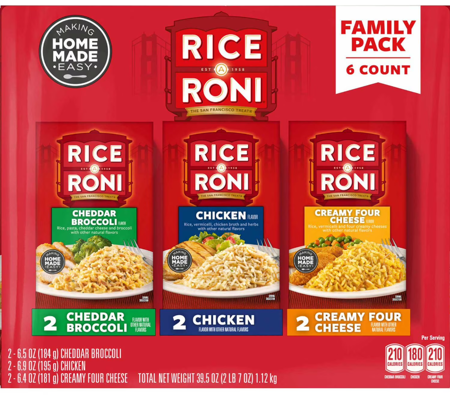 (S4 - 01) Box - Rice Mix - Rice A Roni Variety Pack (6 Pack) 39.5oz (1.12Kg) x 1 Box (2 Units each of Cheddar broccoli,Chicken and Creamy Four Cheese Flavor) - SugarMarket.ca