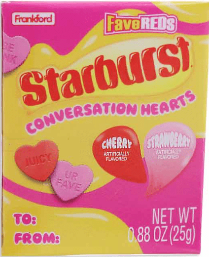 (S4 - 03) Box - Valentine - Starburst Fave Reds Conversation Heart Mini Box - 0.88oz (25g) x 18 Units - SugarMarket.ca