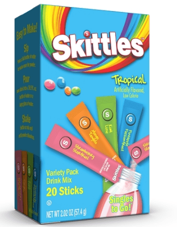 (S5 - 01) Box - US - Drink Mix - Skittles Tropical Assorted 20 - Sticks 2.02oz (57g) x 6 units - SugarMarket.ca