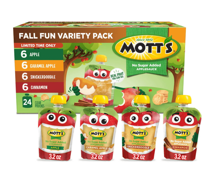 (S5 - 02) Box - Us - Motts Fall Apple Fun Variety pack 3.2oz (90g) x 24 Pouches (Includes 6 puches each of Apple,Caramel Apple,Snickerdoodle and Cinnamon Flavours) - SugarMarket.ca