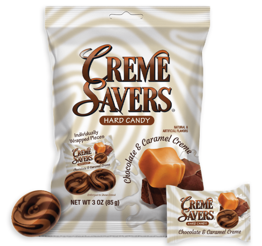 (S6 - 08) Box - Creme Savers - CHOCOLATE & CARAMEL Peg BAG 3oz (85g) x 12 units - SugarMarket.ca