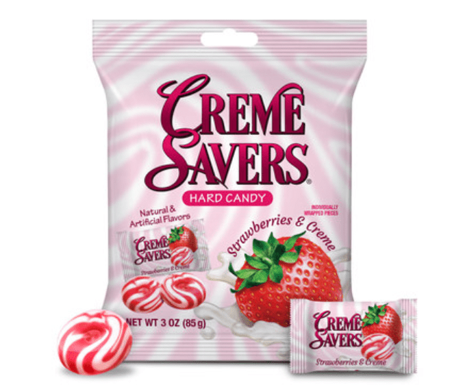 (S6 - 08) Box - GREECE - Creme Savers - Strawberry & Creme Peg BAG 3oz (85g) x 12 units - SugarMarket.ca