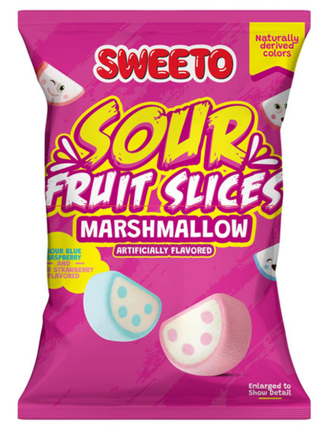 (S6-12) Sweeto - Marshmallow Sour Fruit Slices Peg Bag 3oz x 12 Units