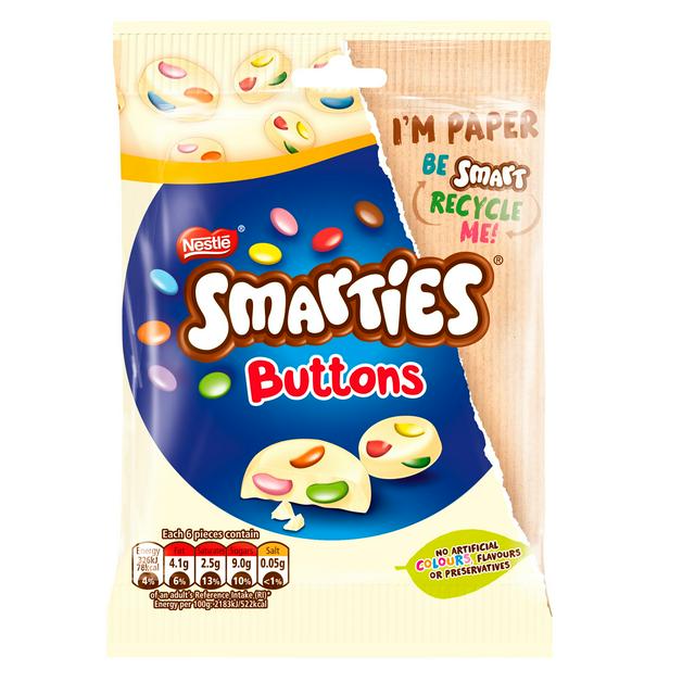 UK Smarties White Choco Buttons Pouch 85g x 8 units (Shipping Boxes are partially damaged during shipping, individual packages are fine)