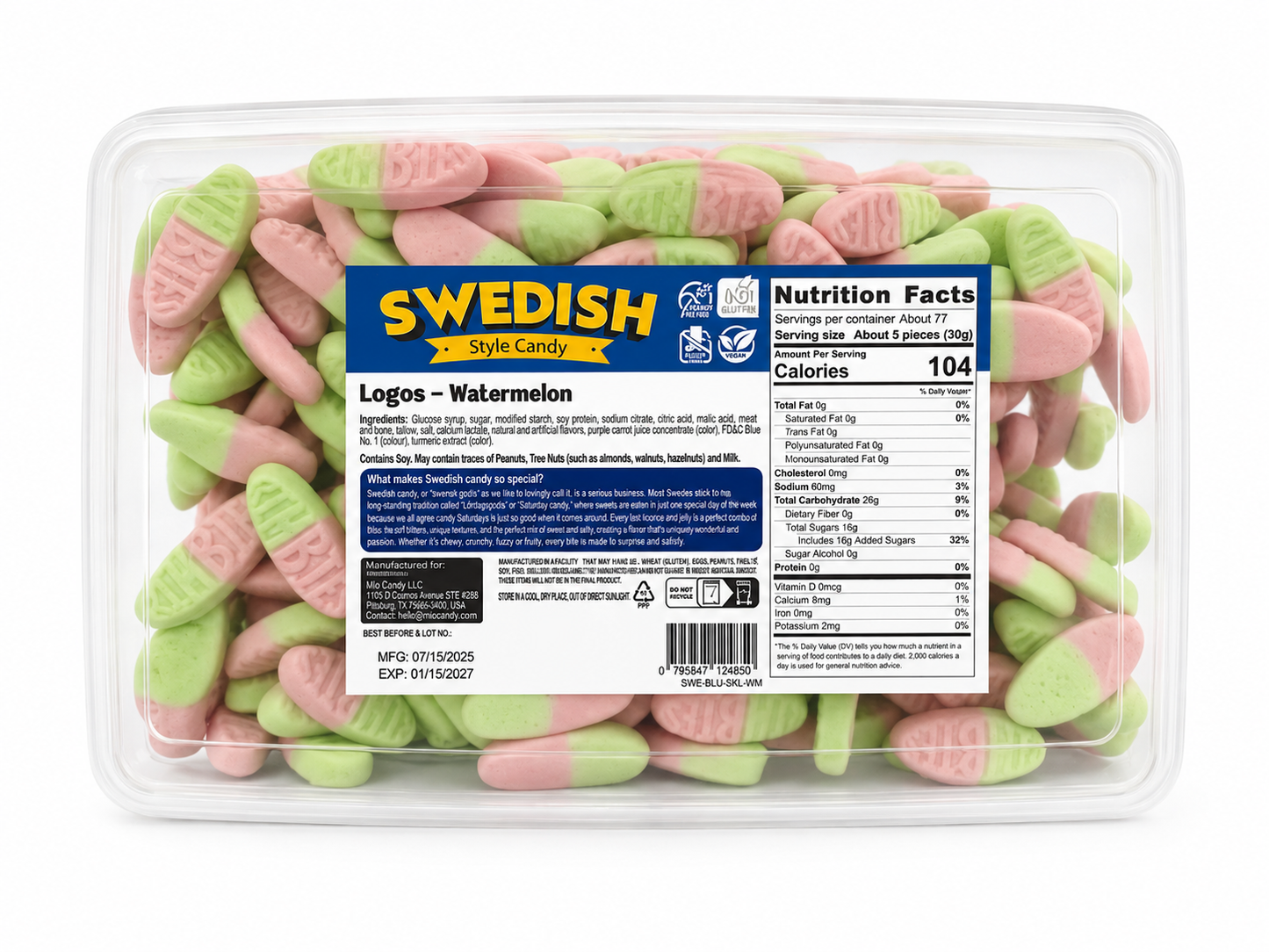 (S1-10) Bulk - Swedish Style - Watermelon Logos Tub 5lb (2267g) x 1 Unit