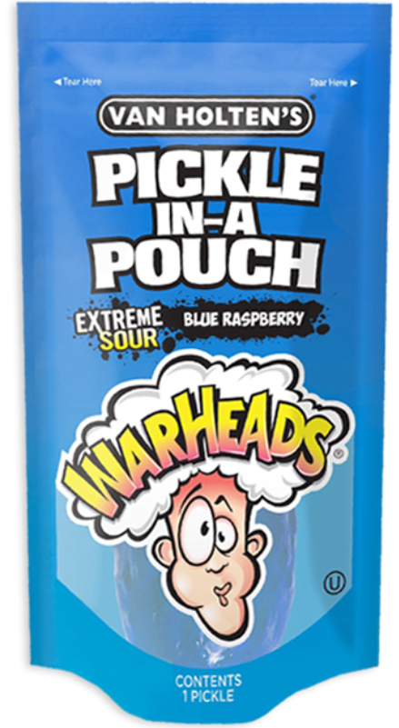 (S5-03) Us - Van Holten - King Size Pickle-in-a-Pouch - Warheads - Blue Raspberry x 12 units (Buyer is responsible if Pickle Juice may leak during shipping)
