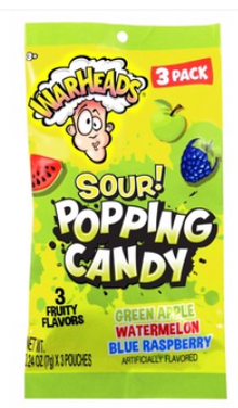 (S1-02) Single - Warheads - Popping Candy Pouch - 3-PK SOUR Watermelon, Blue Raspberry & Green Apple 0.74oz (21g) x 1 unit