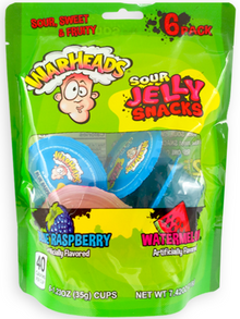 (S6-03) WARHEADS - SOUR JELLY CUPS BLUE RASPBERRY and WATERMELON PEG 7.42oz x 12 Units