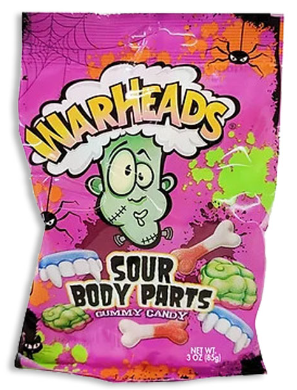 Halloween - Warheads Gummy Body Parts Peg Bag 3oz x 24 units