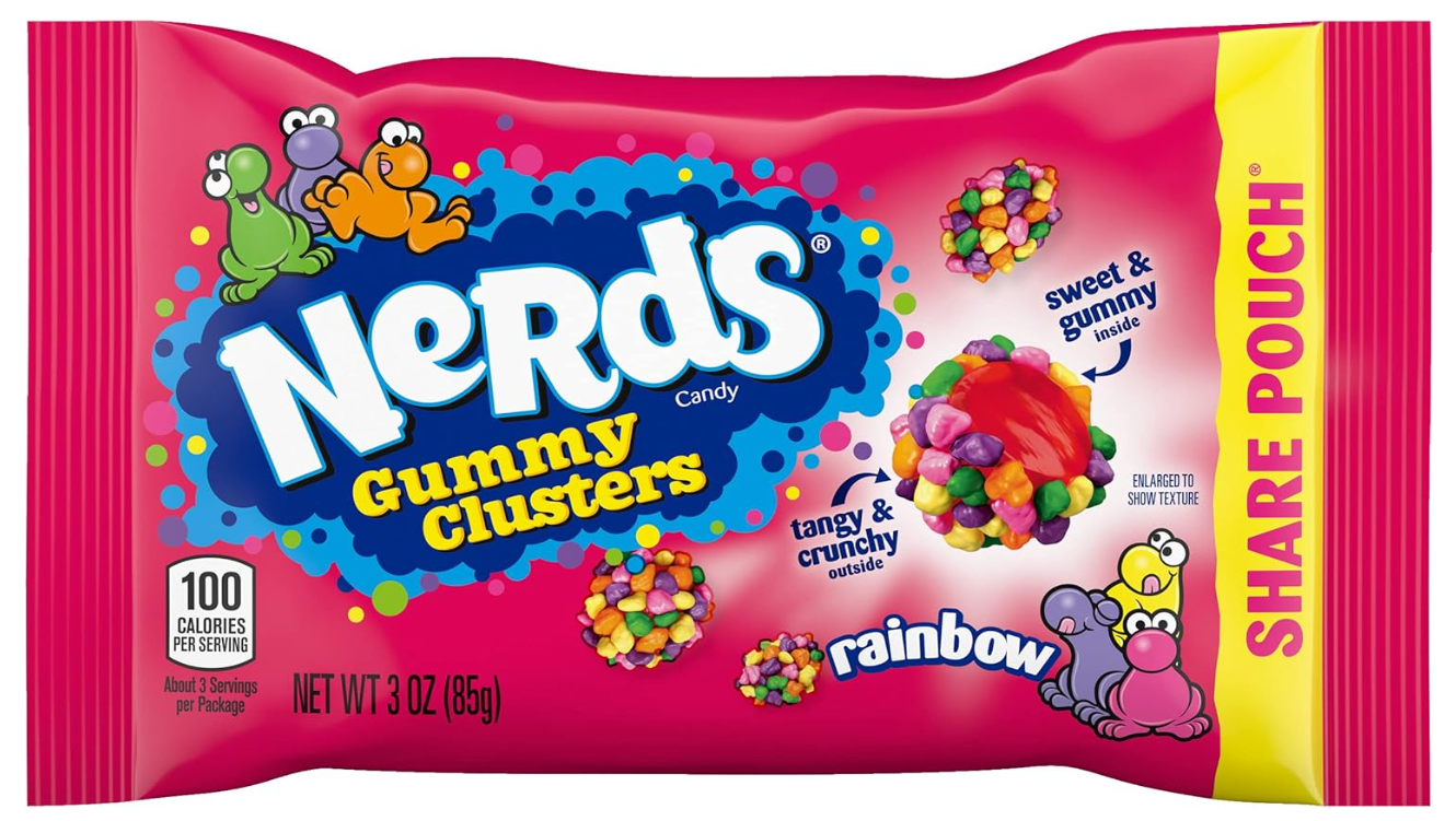 (S1-08) Us - Wonka Nerds Gummy Clusters -RAINBOW - SHARE POUCH 3 oz x 12 units