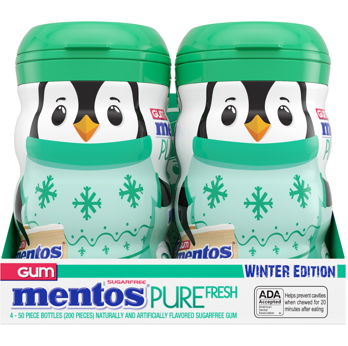 (S8-06) Xmas - Mentos Gum - Penguin Spearmint 3.53oz (100g) x 4 Bottles