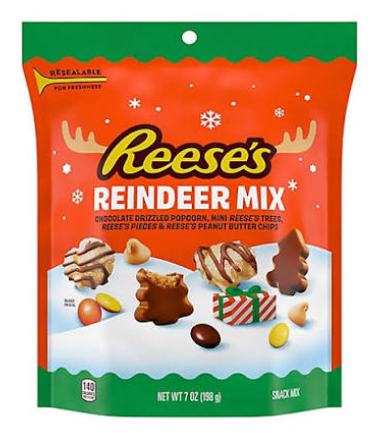 (S8-03) Xmas - REESES Reindeer Mix 7oz (198g) x 1 Bag (Drizzled Popcorn, Mini REESE Trees, REESE Pieces & PB Chips)
