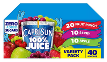 (S5-02) US -  Beverage - Zero Added Sugar -Capri Sun Variety Pack 6 fl oz (177ml) x 40 units (Buyer is responsible if drinks may leak during shipping and weather) (Fruit Punch x 20 units, Berry x 10 Units and Apple x 10 Units)